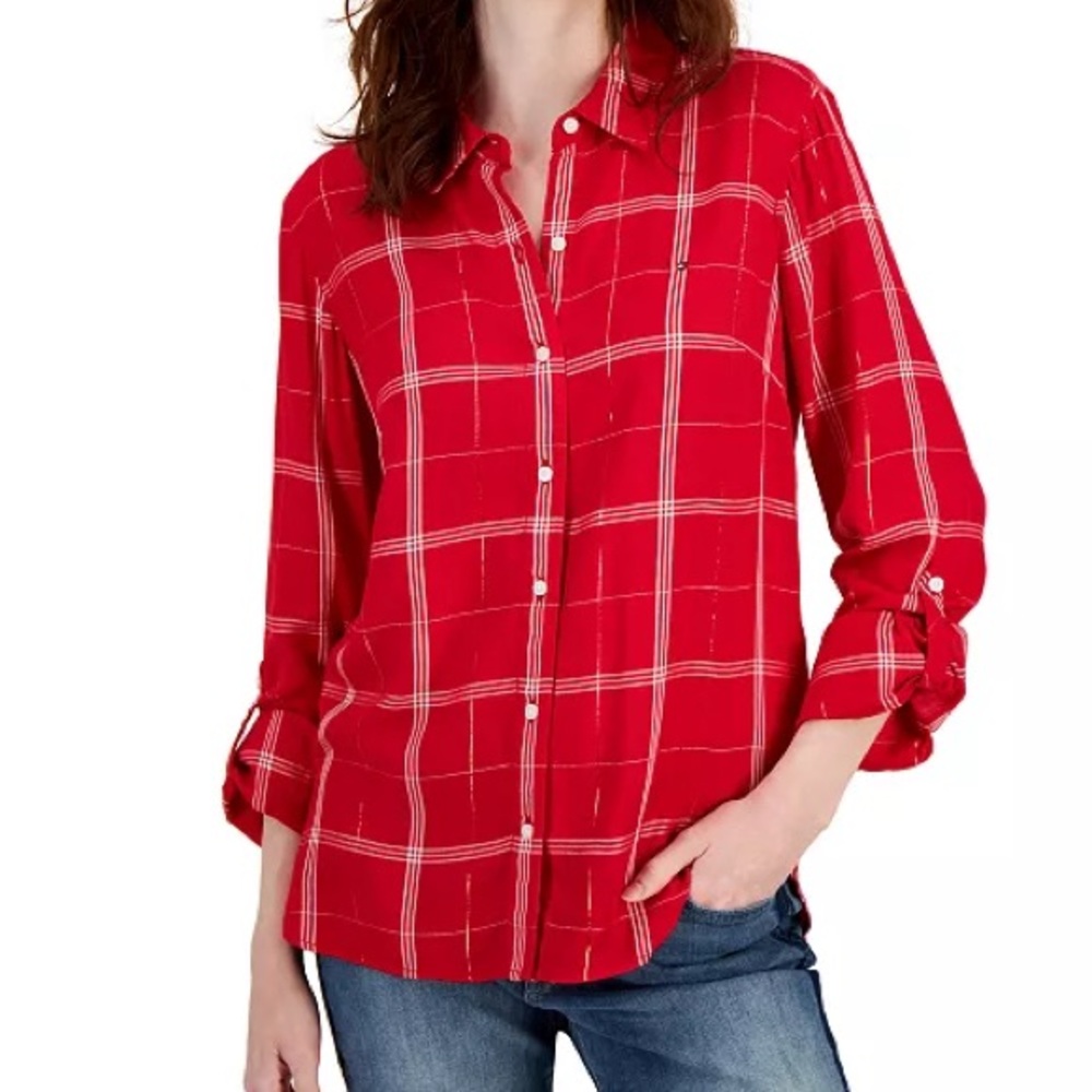 Tommy‎ Hilfiger XL Red Plaid Metallic Roll-Tab Button-Down Shirt Preppy Festive